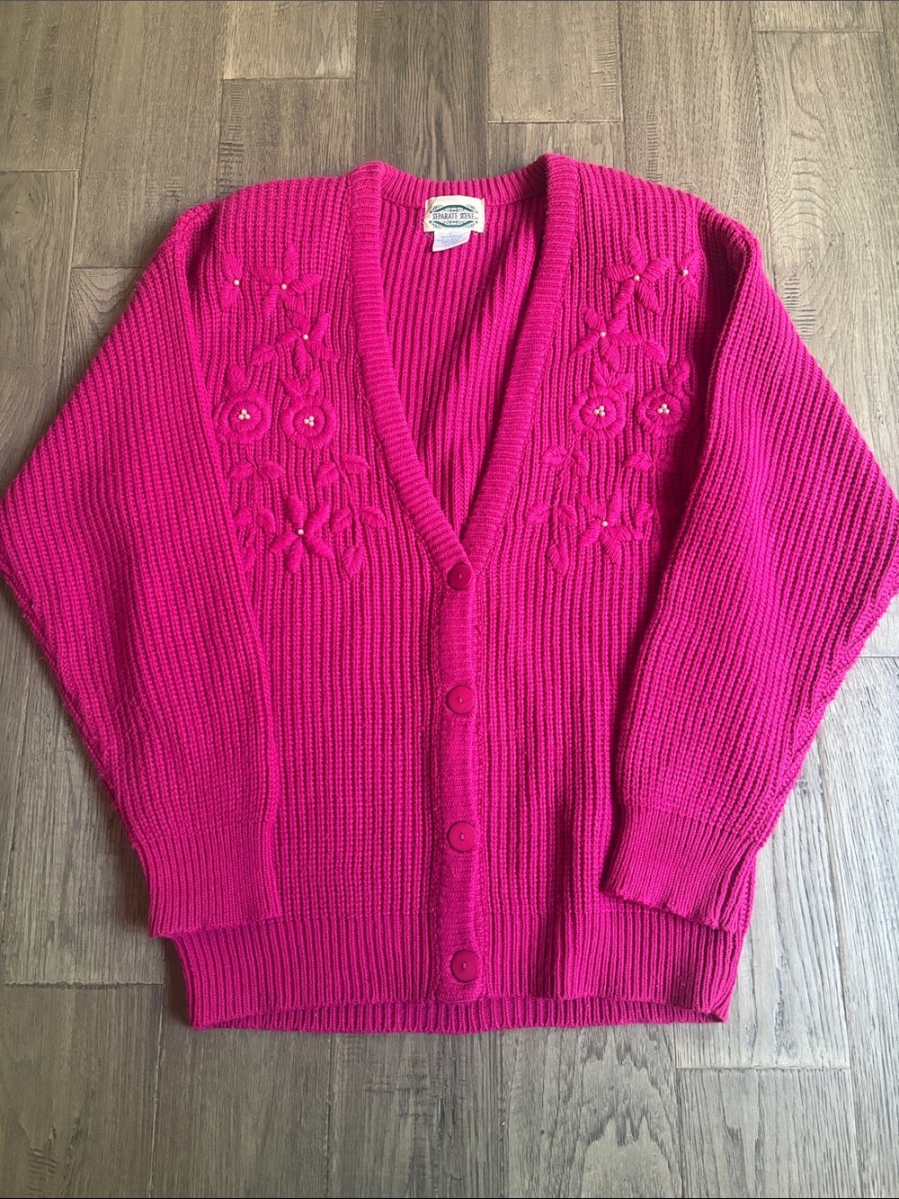 Separate Scene | Vintage Hot Pink Knit Cardigan Sweater Floral Size Large